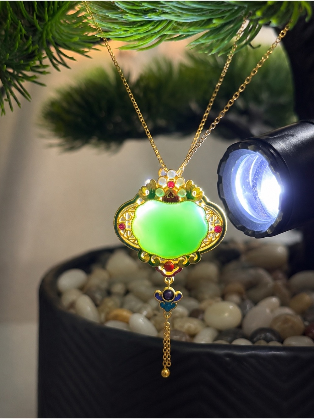 Gold-Tone Green Pendant Necklace with Colorful Enamel Accents - Women's Jewelry